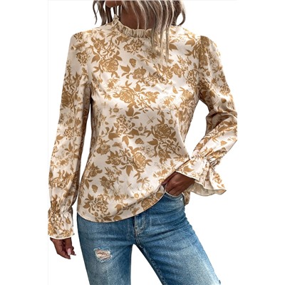 White Floral Print Frilled Neckline Flounce Sleeve Blouse