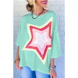 Moonlight Jade Colorblock Star Patched Half Sleeve Oversized Tee