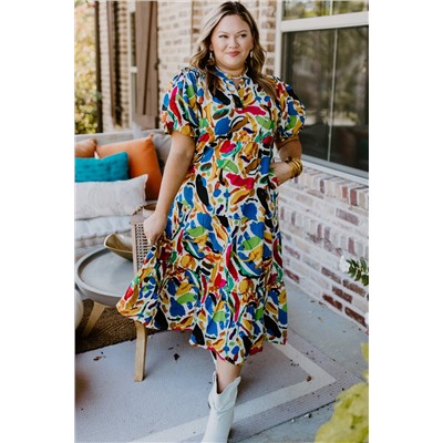 Green Abstract Print Notch Neck Bubble Sleeve Plus Dress