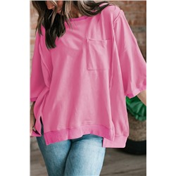 Bonbon Exposed Seam Chest Pocket Split Loose T Shirt