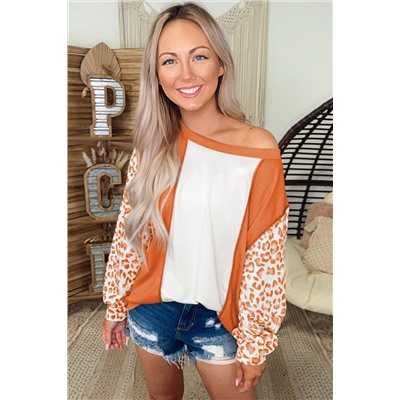 Orange Colorblock Leopard Sleeve Patchwork Top