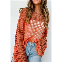 Orange Open Knit Crochet Bell Sleeve Tunic Sweater