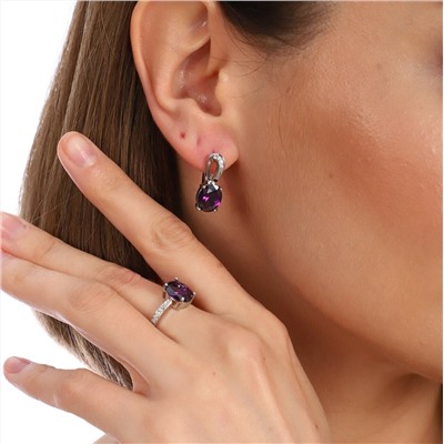 Комплект коллекция "Дубай", покрытие посеребрение с камнем, цвет фиолетовый, серьги, кольцо р-р 19, Е8185, арт.747.786