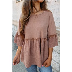 Multicolor 3/4 Ruffled Sleeve Textured Peplum Top