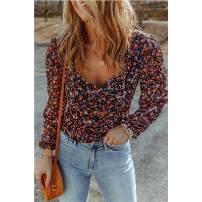 Black  V Neck Bubble Sleeve Floral Blouse