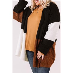 Brown Plus Size Open Front Color Block Cardigan