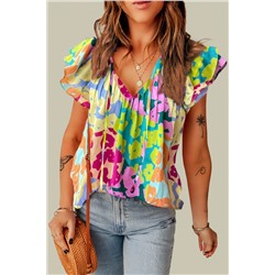 Multicolour Leopard Flutter Sleeve V Neck Crinkled Blouse