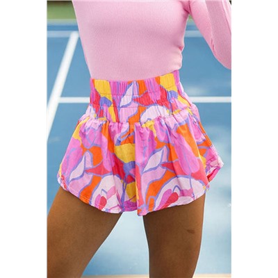 Purple Abstract Print Smock Waist Casual Shorts