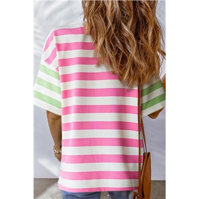 Pink Stripe Contrast Patch Pocket Drop Sleeve T Shirt