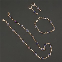 Набор 3 предмета "Дубай": серьги, бусы, браслет, покрытие позолота, фиолетовые бусины, граненые, арт.214.018