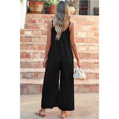 Black Adjustable Knotted Spaghetti Straps Wide Leg Jumpsuit