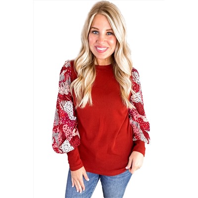 Fiery Red Contrast Mixed Animal Print Lantern Sleeve Patchwork Top