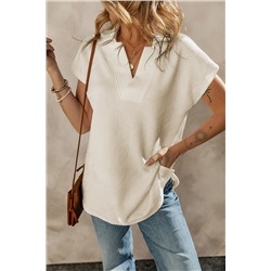 Apricot Textured V Neck Collared Short Sleeve Top