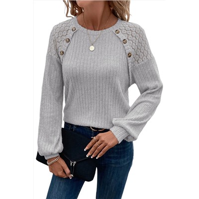 Gray Contrast Lace Raglan Sleeve Buttoned Ribbed Top