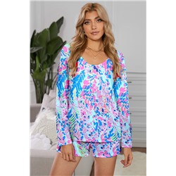 Sky Blue Floral Long Sleeve Top and Drawstring Shorts Set