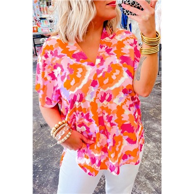 Rose Red Abstract Print V Neck Summer Blouse