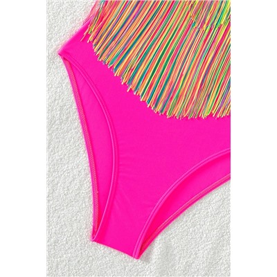 Rose Red Colorful Tassel Hollow-out Spaghetti Strap One Piece Swimsuit