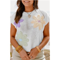 White Multi Crochet Flower Knit Short Sleeve Sweater Tops