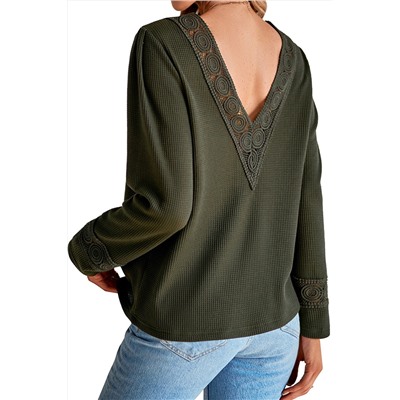 Green Lace Patchwork V Neck Waffle Knit Top