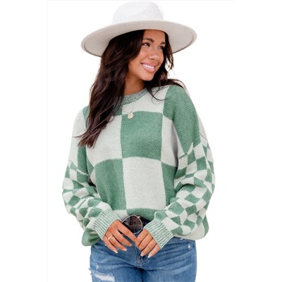 Mint Green Checkered Print Drop Shoulder Sweater