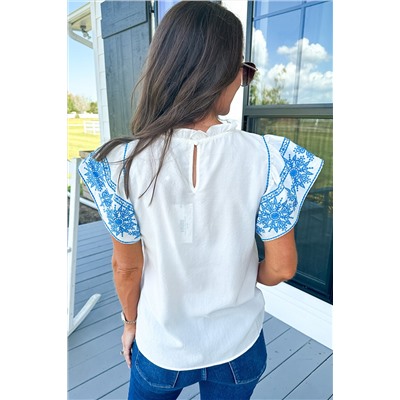 White Embroidered Ruffled Sleeve Frilled Collar Blouse