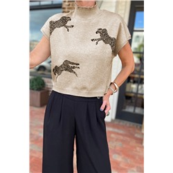 Apricot Lively Cheetah Pattern High Neck Short Sleeve Sweater