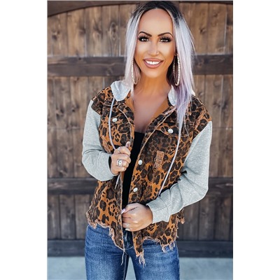 Leopard Ripped Hooded Denim Jacket