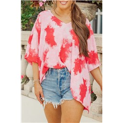 Red Plus Size Tie-dye Print 3/4 Sleeve Tunic Top