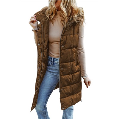 Chestnut Hooded Long Quilted Vest Coat