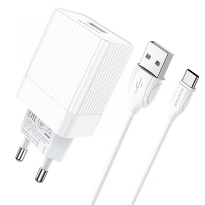 Адаптер Сетевой с кабелем Borofone BA47A Mighty QC3.0 USB 3A/18W (USB/Type-C) (white)