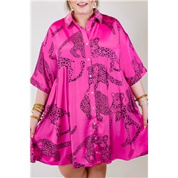 Rose Cheetah Print Half Sleeve Buttoned Plus Size Mini Dress