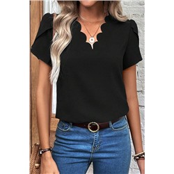 Black Scalloped V Neckline Petal Sleeve Top