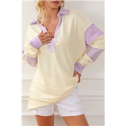 Yellow Colorblock Striped Split Neck Collared Sweatshirt