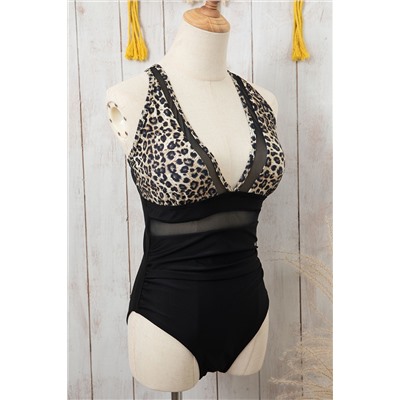 Brown Leopard Mesh Insert V Neck High Waist Monokini