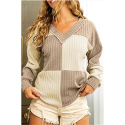 Smoke Gray Textured Colorblock Long Sleeve V Neck Top