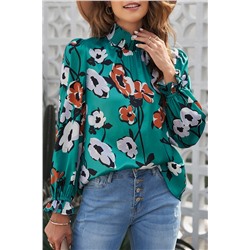 Floral Print Smocked Mock Neck Blouse