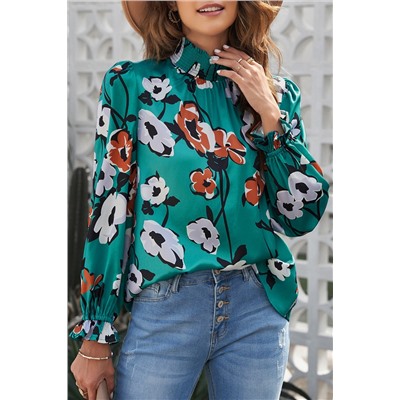 Floral Print Smocked Mock Neck Blouse