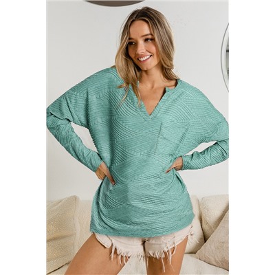 Green Textured Split Neck Long Sleeve Top