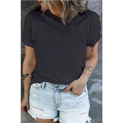 Black Round Neck Rolled Sleeve Plus Size T-shirt