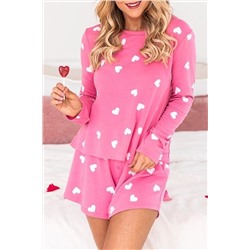 Pink Valentine Heart Print Long Sleeve Tee and Shorts Lounge Set