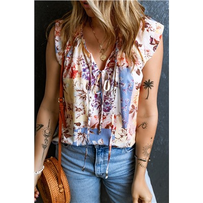 Multicolour Floral Print Split V Neck Lace Trim Cap Sleeve Blouse