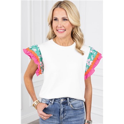 White Contrast Ricrac Floral Sleeve Top