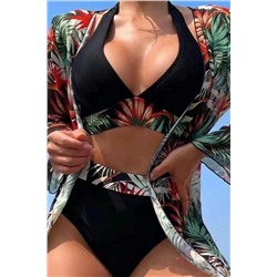 Black 3pcs Tropical Contrast Trim Halter Bikini Set with Cover up