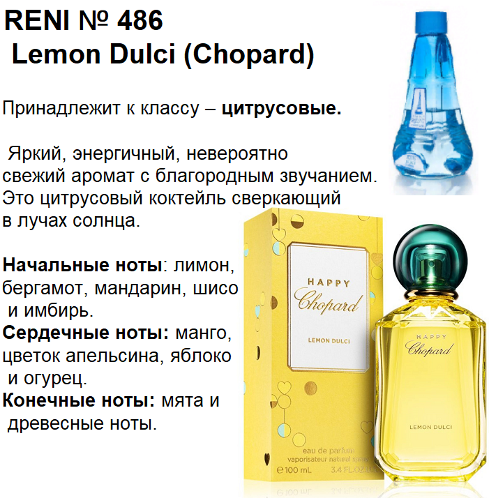 Happy chopard lemon dulci chopard. Рени духи Lemon Dulci (Chopard) 100мл. Lemon Dulci (Chopard) 100мл 486 Рени. Reni 100мл № 101. Reni 486 аромат направления Lemon Dulci Chopard.