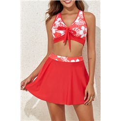 Fiery Red 3pcs Printed Crossed Top and A-line Skirt Bikini Set