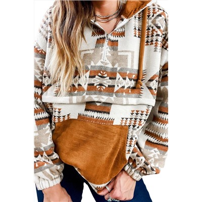 Beige Aztec Print Kangaroo Pocket Half-Zip Hoodie