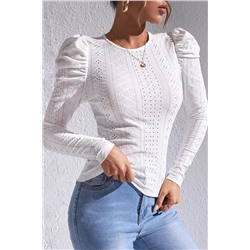 White Jacquard Textured Puff Sleeve O-Neck Top