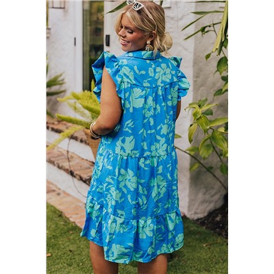 Sky Blue Plus Size Floral Print Flutter Sleeve Buttoned Mini Dress