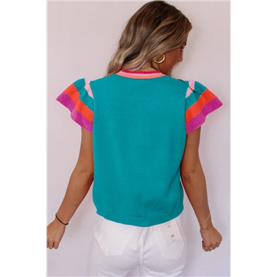 Turquoise Contrast Flutter Sleeves Knitted Sweater T Shirt