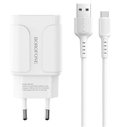 Адаптер Сетевой с кабелем Borofone BA37A Speedy 2USB 2,4A/10W (USB/Type-C) (white)